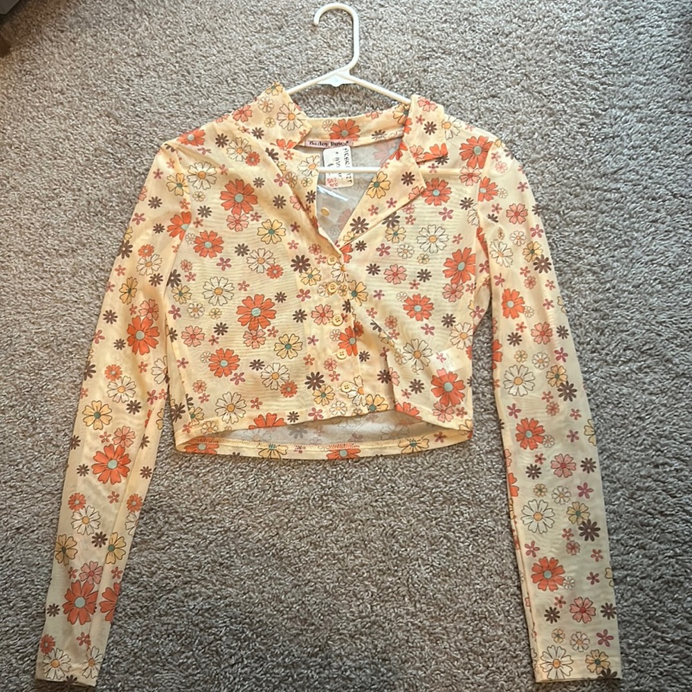 Mesh Yellow Floral Crop Top